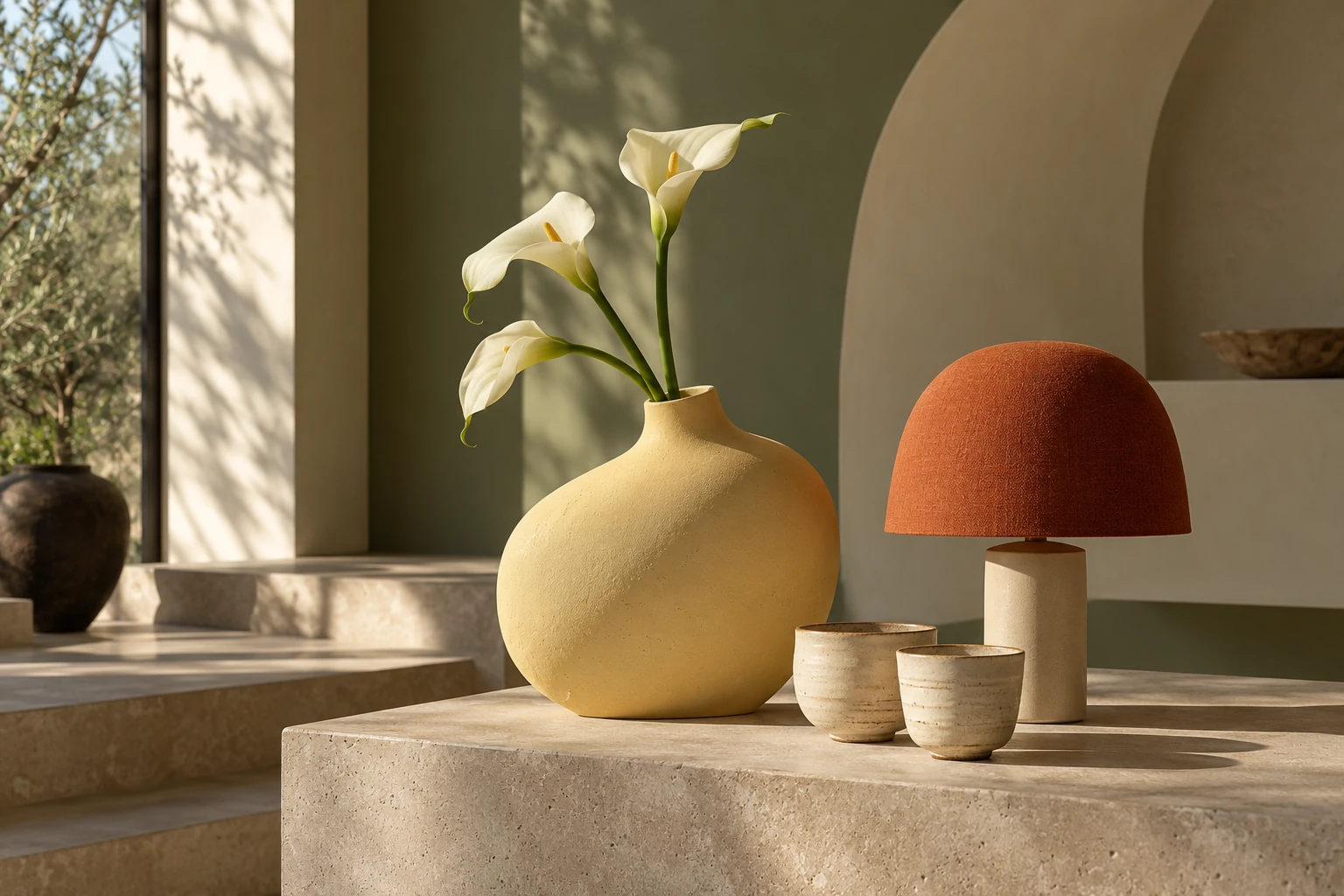 Composición de un jarrón amarillo, una lámpara terracota y tazas de cerámica sobre una superficie clara, con luz de tarde